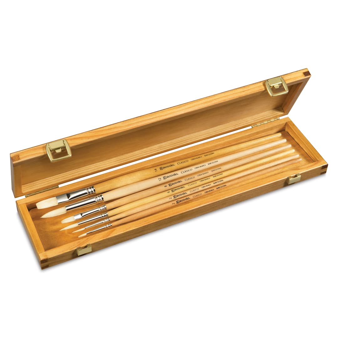 Open in modal - Escoda Chungking Bristle Brush - Set of 6, Round and Flat in wood box