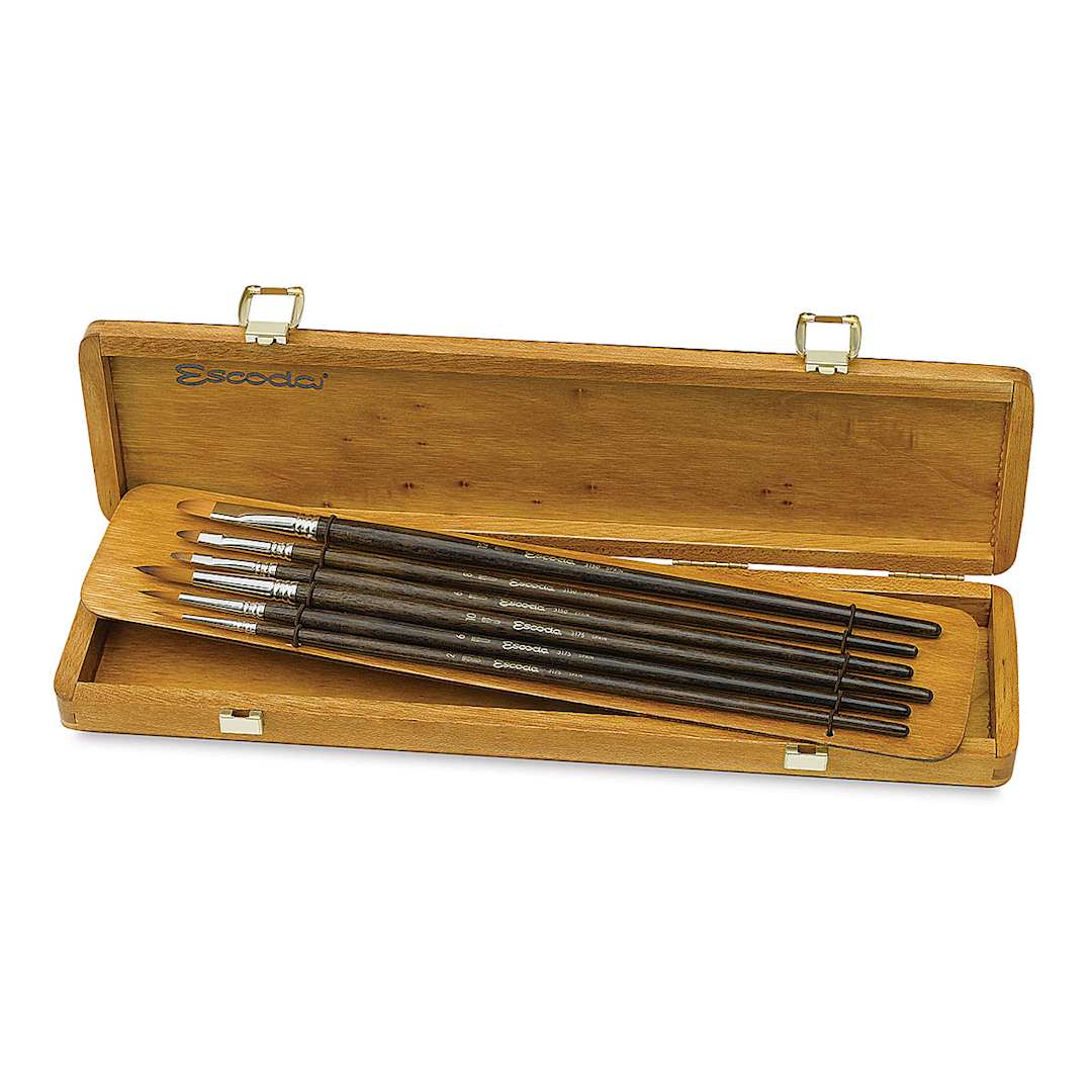 Open in modal - Escoda Prado Tame Synthetic Brush Set - Long Handle, Set of 6, brushes inside wooden case