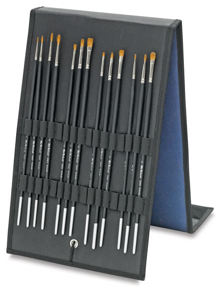 Open in modal - Old Holland Kolinsky Sable Brush Easel Gift Set - Brush Easel open, holding 13 brushes upright