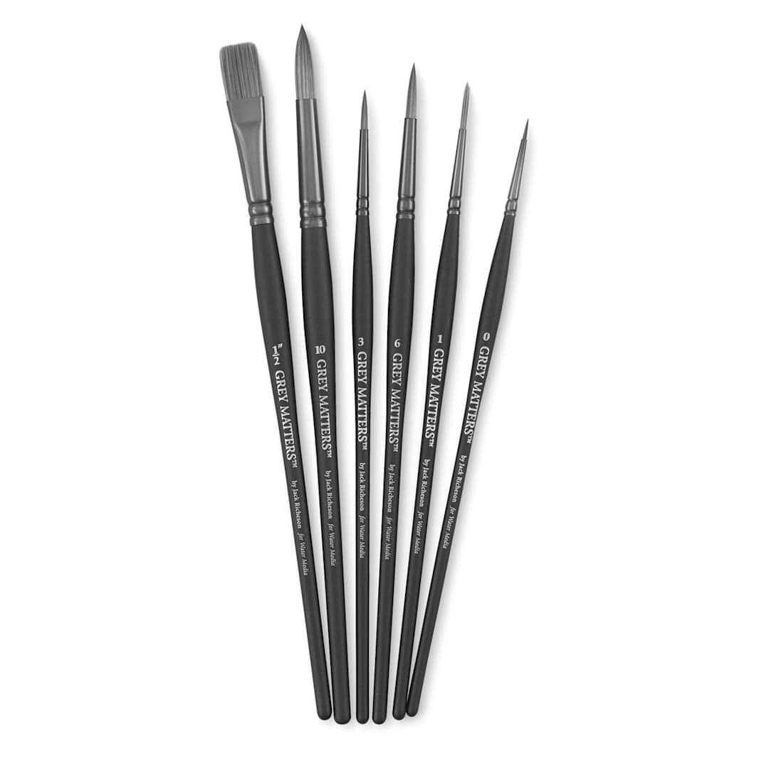 Open in modal - Richeson Grey Matters Brush Set - Set of 6 short handle Synthetic Watercolor Brushes shown upright