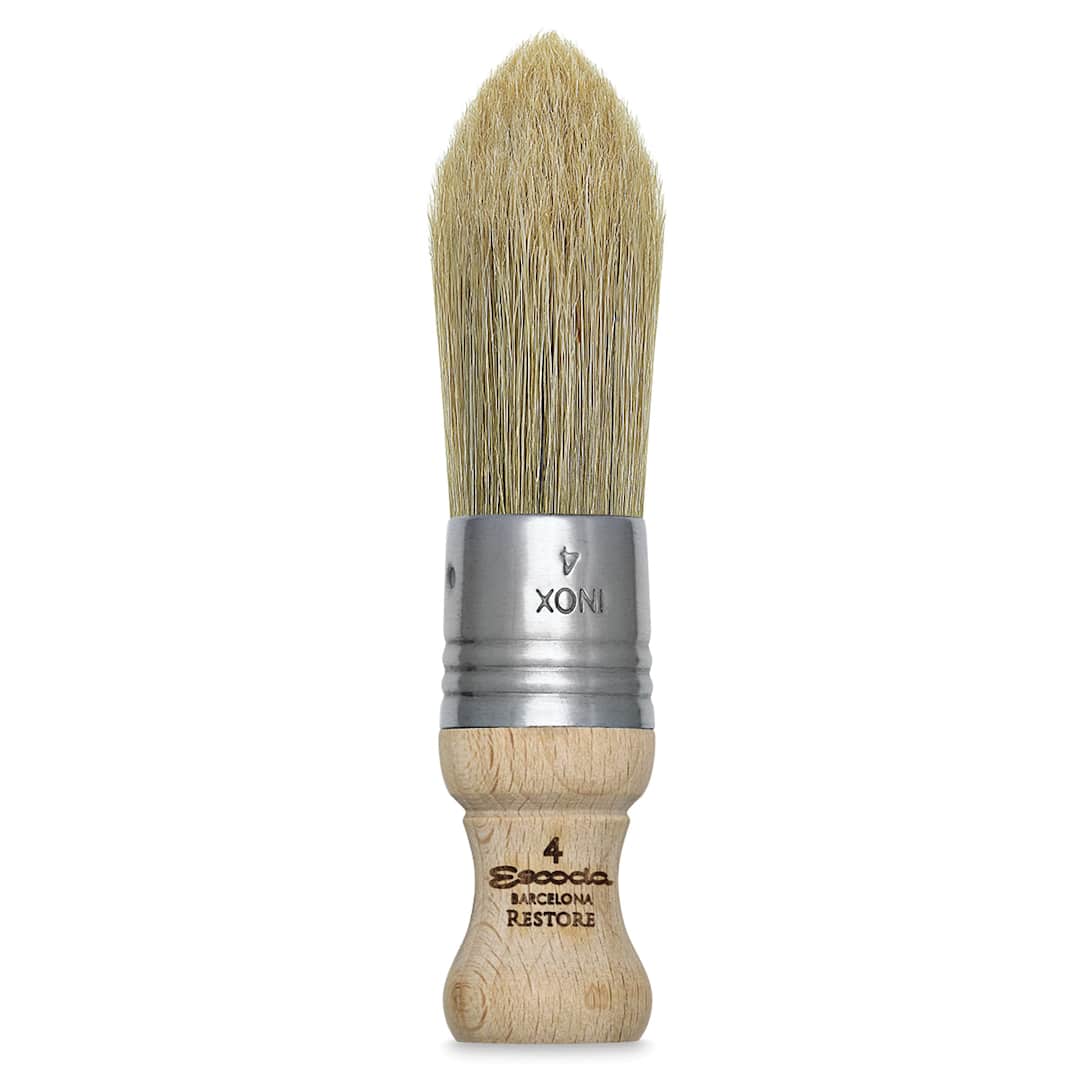 Open in modal - Escoda Restore Premium Brushes - Round Pointed Bristle brush with stubby handle shown upright
