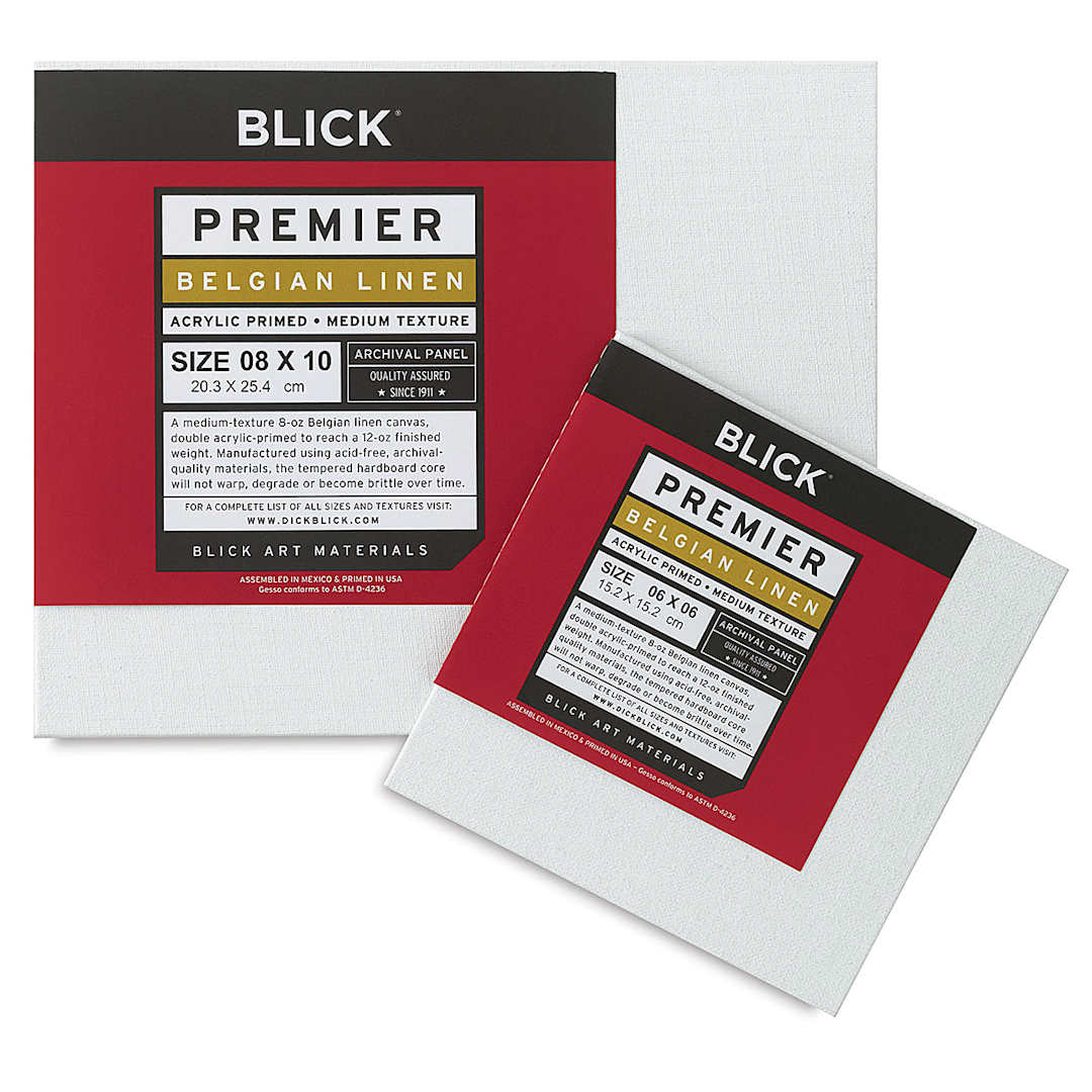 Open in modal - Blick Premier Belgian Linen Archival Panels - Front of 2 Acrylic primed panels with labels