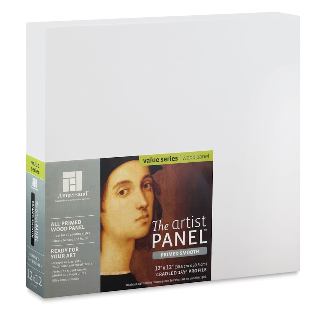 Open in modal - Ampersand Value Series Artist Panels - Angled view of front of Primed Smooth Panel package