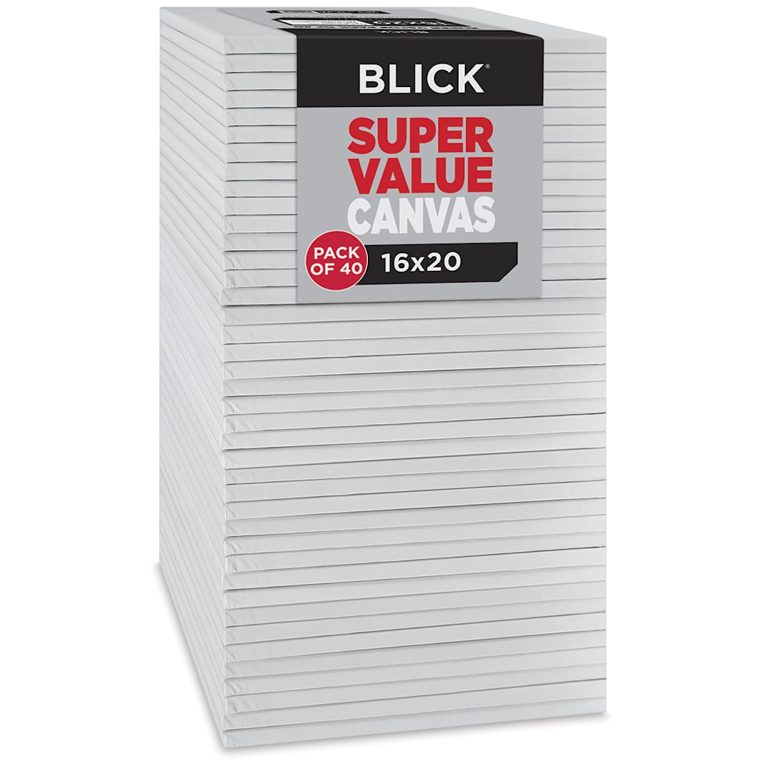 Open in modal - Blick Super Value Canvas Bulk Pack, 16" x 20", Pack of 40. Stack of 40 canvases with pack label.