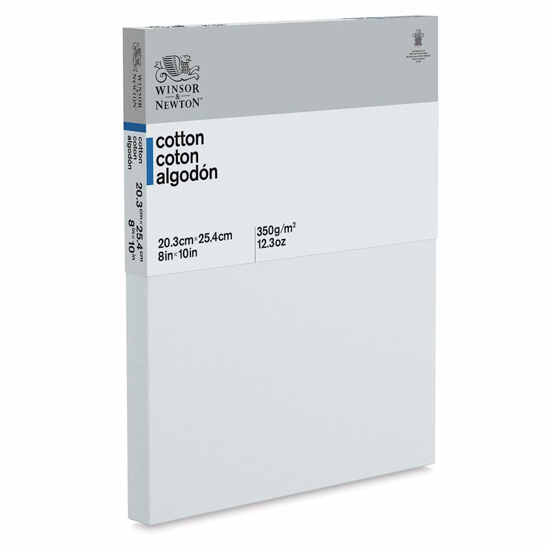 Open in modal - Winsor & Newton Classic Cotton Canvas - Angled view of Traditional Canvas with label
