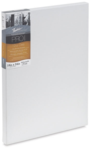 Open in modal - Fredrix Pro Series Dixie Cotton Canvas - Angled view of Gallery Profile Canvas with Label
