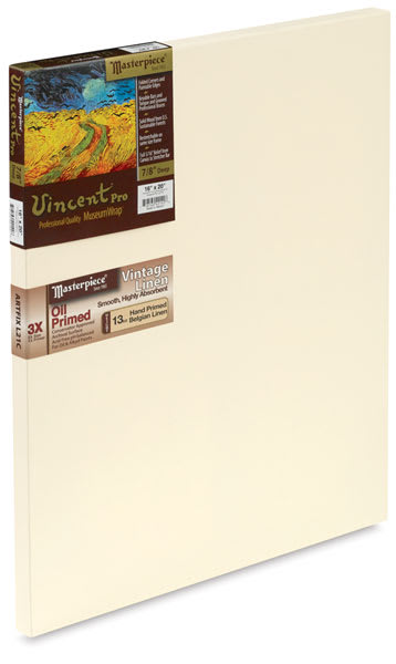 Open in modal - Masterpiece Artfix Oil Primed Linen Canvas - Angled view of Vincent 7/8" profile Pro Linen Canvas