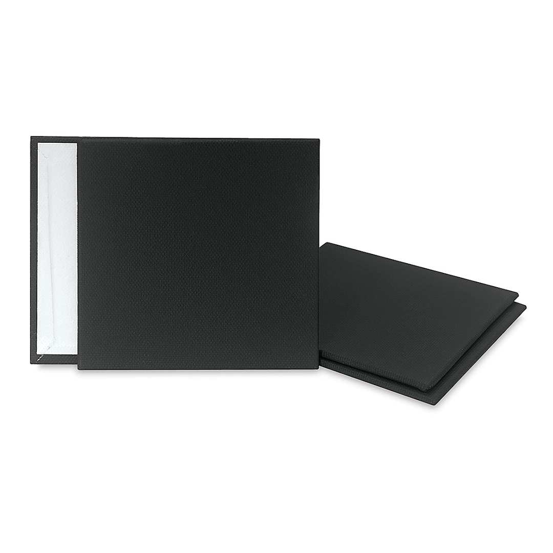 Open in modal - Blick Mini Canvas Panel - Four 4" x 4" Black Canvas panels shown stacked and upright