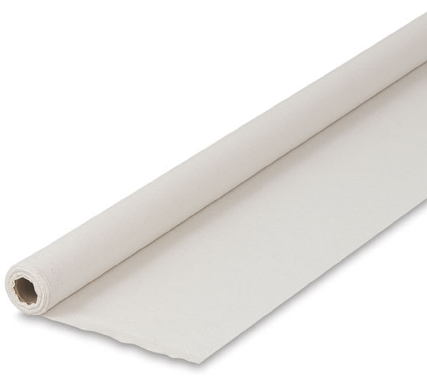 Open in modal - Fredrix Medium Weight Unprimed Cotton Canvas - Angled view of slightly unrolled yardage