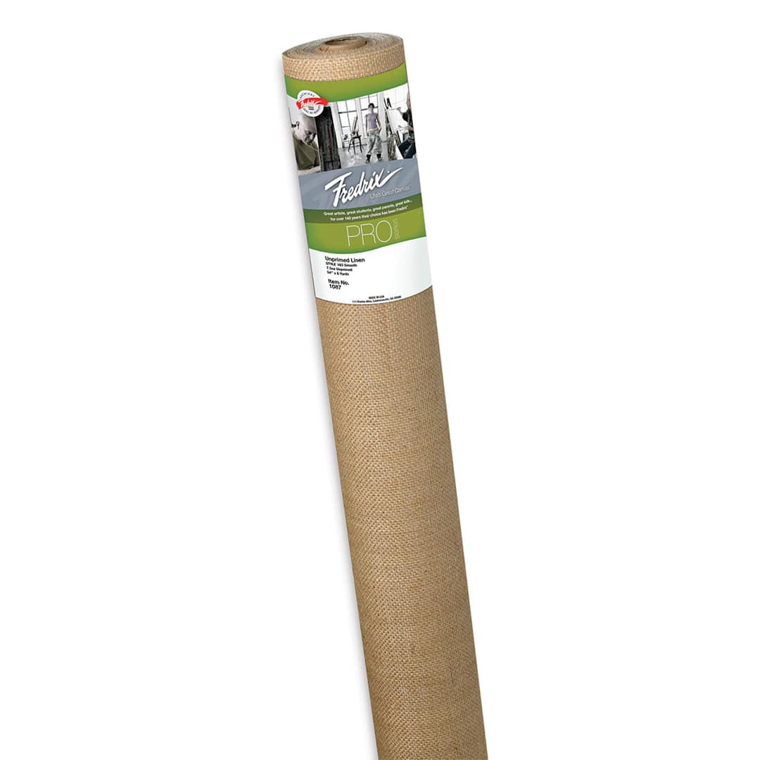Open in modal - Fredrix Style 183 Unprimed Linen Canvas Roll - Canvas roll upright with label