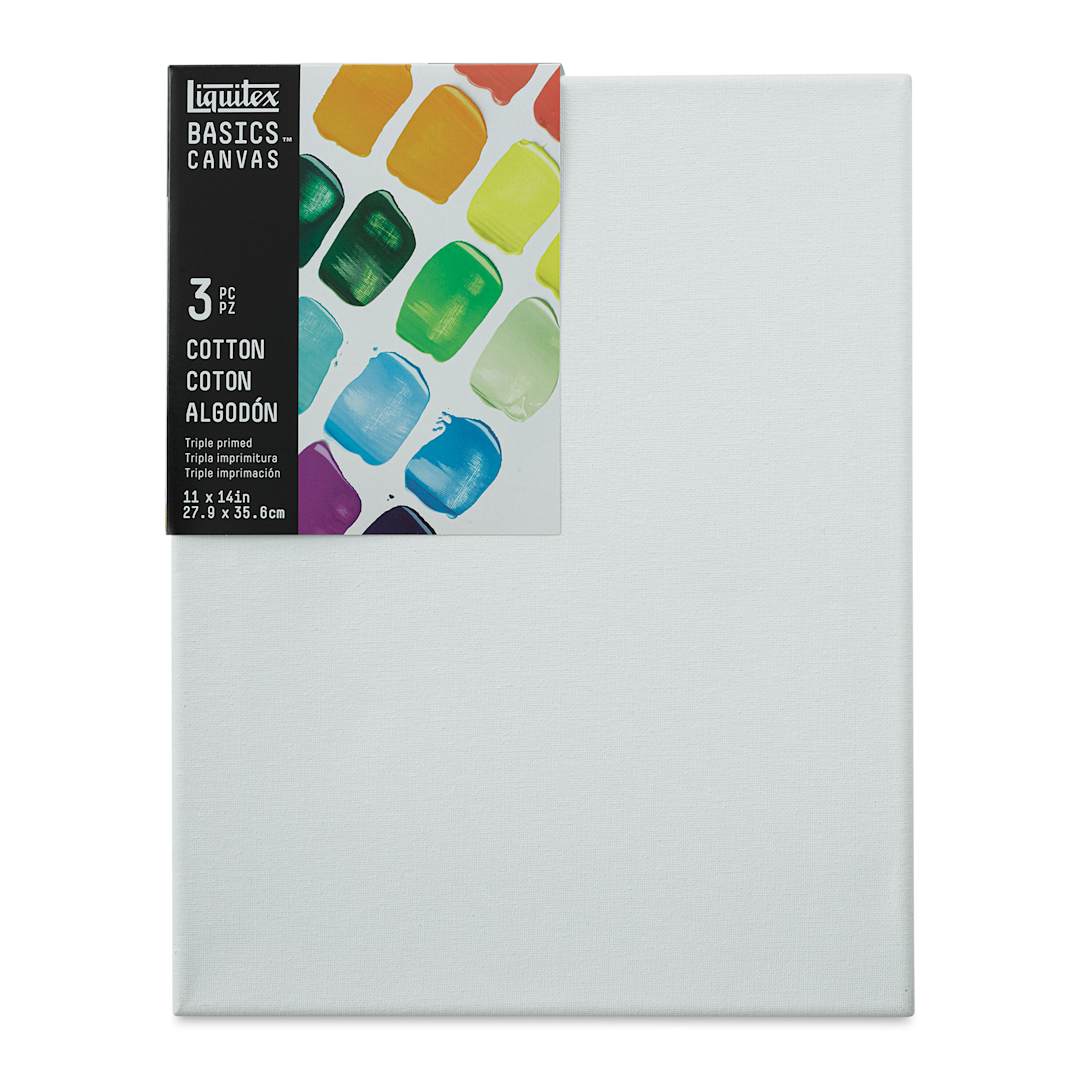 Open in modal - Liquitex Basics Stretched Cotton Canvas Pack - 11" x 14", Pkg of 3 (Front of package)