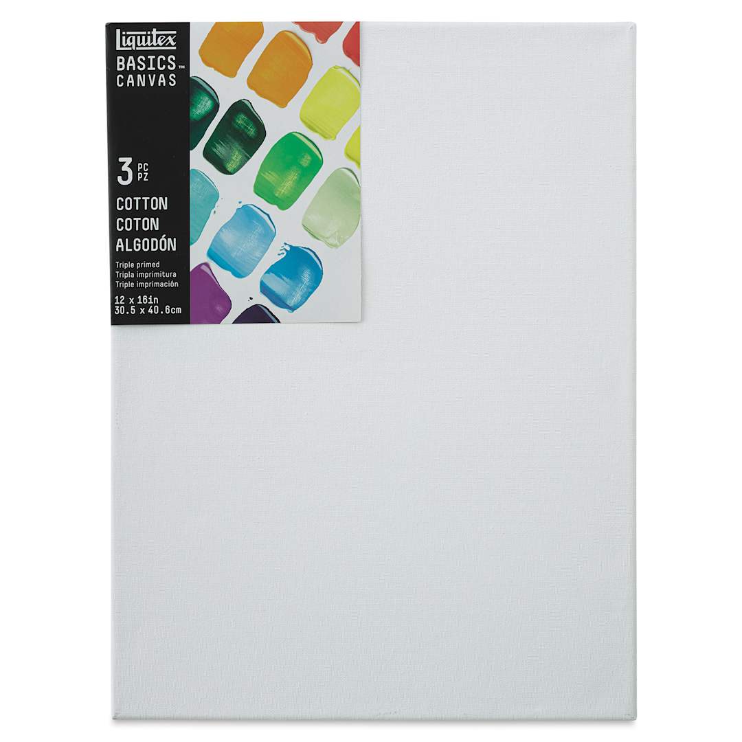 Open in modal - Liquitex Basics Stretched Cotton Canvas Pack - 12" x 16", Pkg of 3 (Front of package)