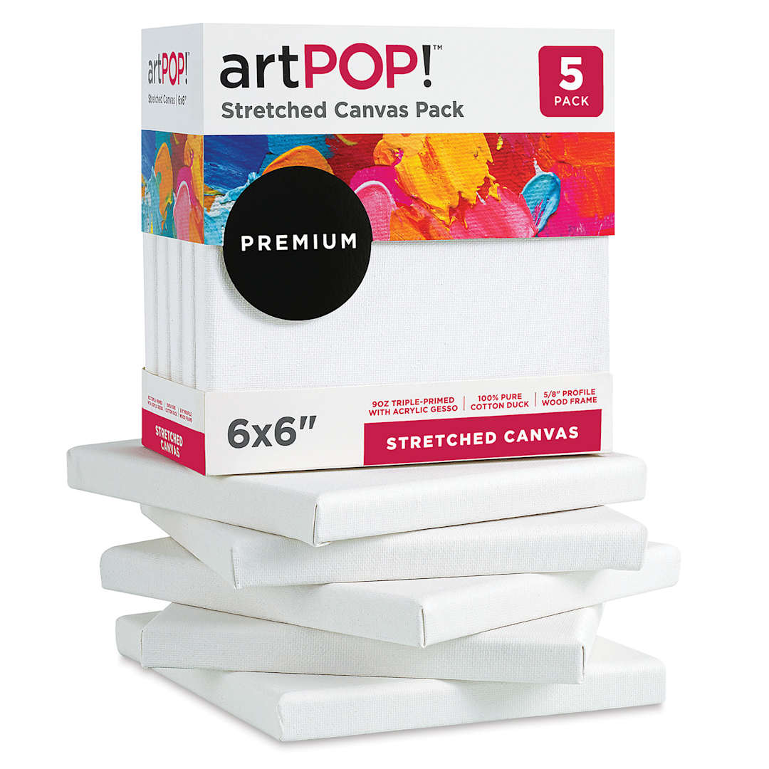 Open in modal - artPOP! Stretched Canvas Pack - 6" x 6", Pkg of 5 (In and out of packaging)