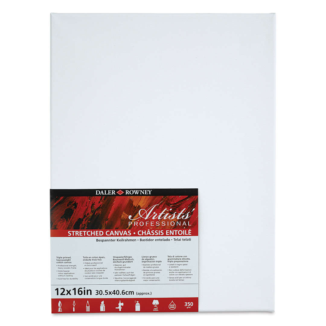 Open in modal - Daler-Rowney Artists' Stretched Cotton Canvas - 12" x 16", front view with label