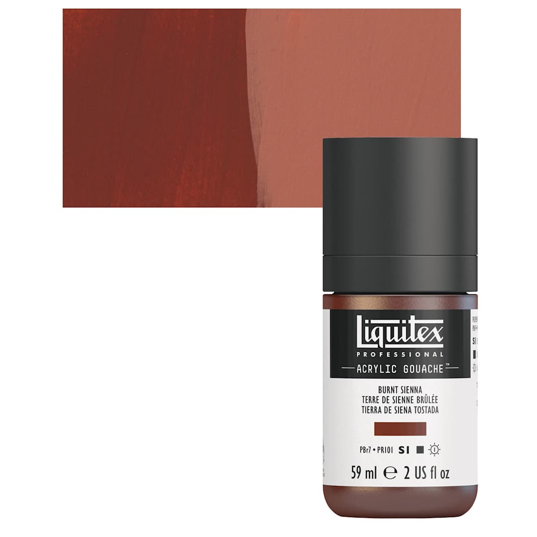 Open in modal - Liquitex Acrylic Gouache - Burnt Sienna, 59 ml bottle and swatch