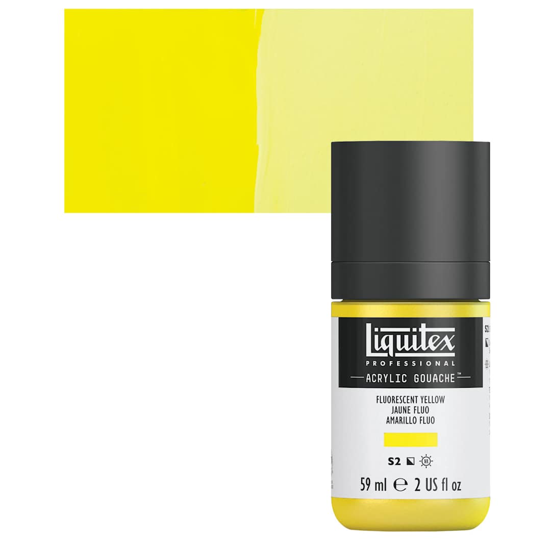 Open in modal - Liquitex Acrylic Gouache - Fluorescent Yellow, 59 ml bottle and swatch