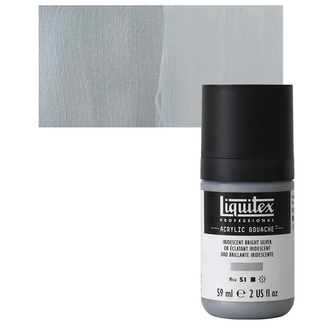 Open in modal - Liquitex Acrylic Gouache - Iridescent Bright Silver, 59 ml bottle and swatch