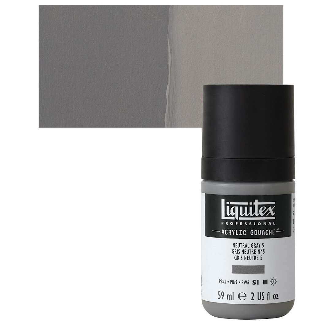 Open in modal - Liquitex Acrylic Gouache - Neutral Gray 5, 59 ml bottle and swatch