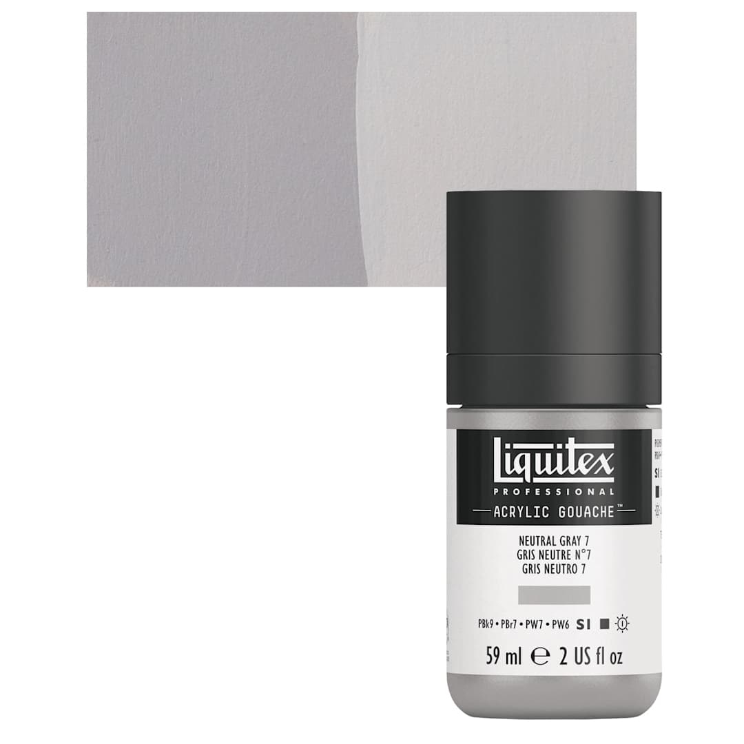 Open in modal - Liquitex Acrylic Gouache - Neutral Gray 7, 59 ml bottle and swatch
