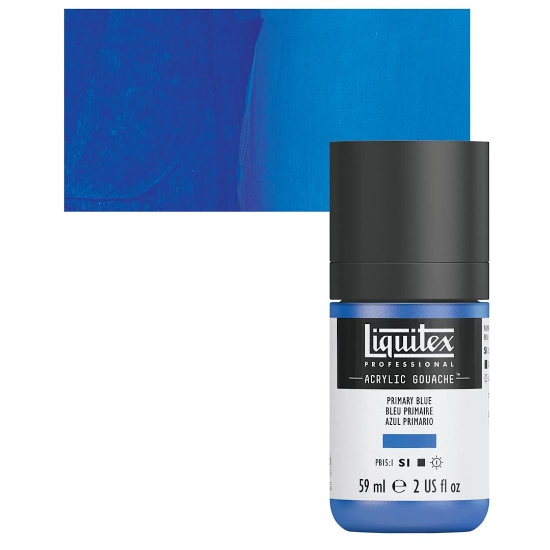 Open in modal - Liquitex Acrylic Gouache - Primary Blue, 59 ml bottle and swatch