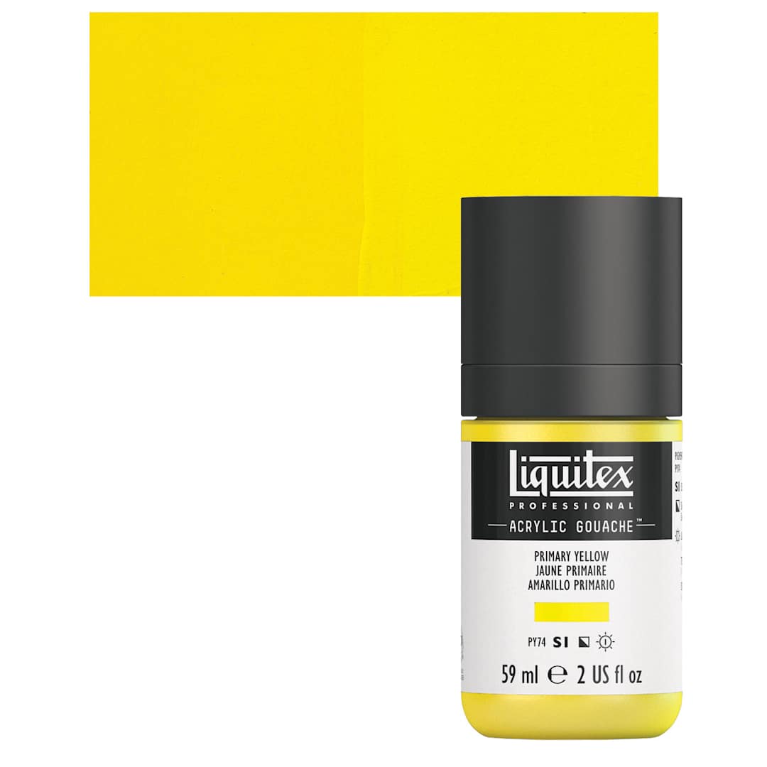 Open in modal - Liquitex Acrylic Gouache - Primary Yellow, 59 ml bottle and swatch