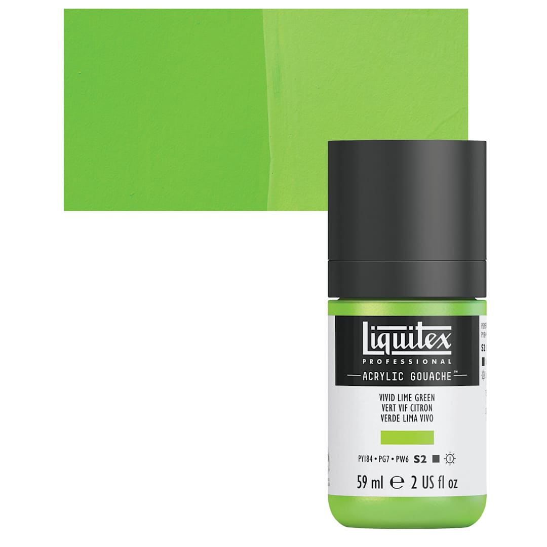 Open in modal - Liquitex Acrylic Gouache - Vivid Lime Green, 59 ml bottle and swatch