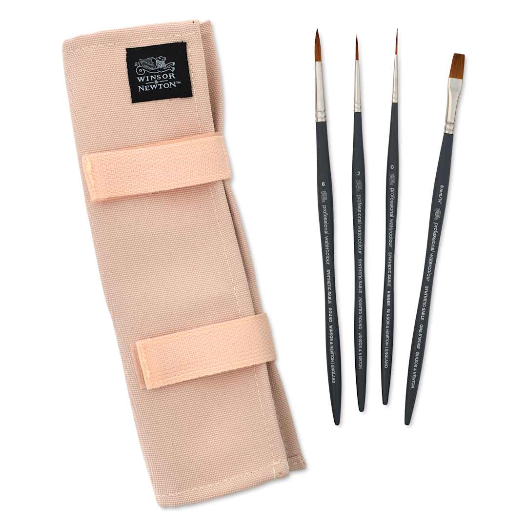 Open in modal - Winsor & Newton Professional Watercolor Synthetic Sable Brushes - Set of 4, Canvas Wallet Case and brushes