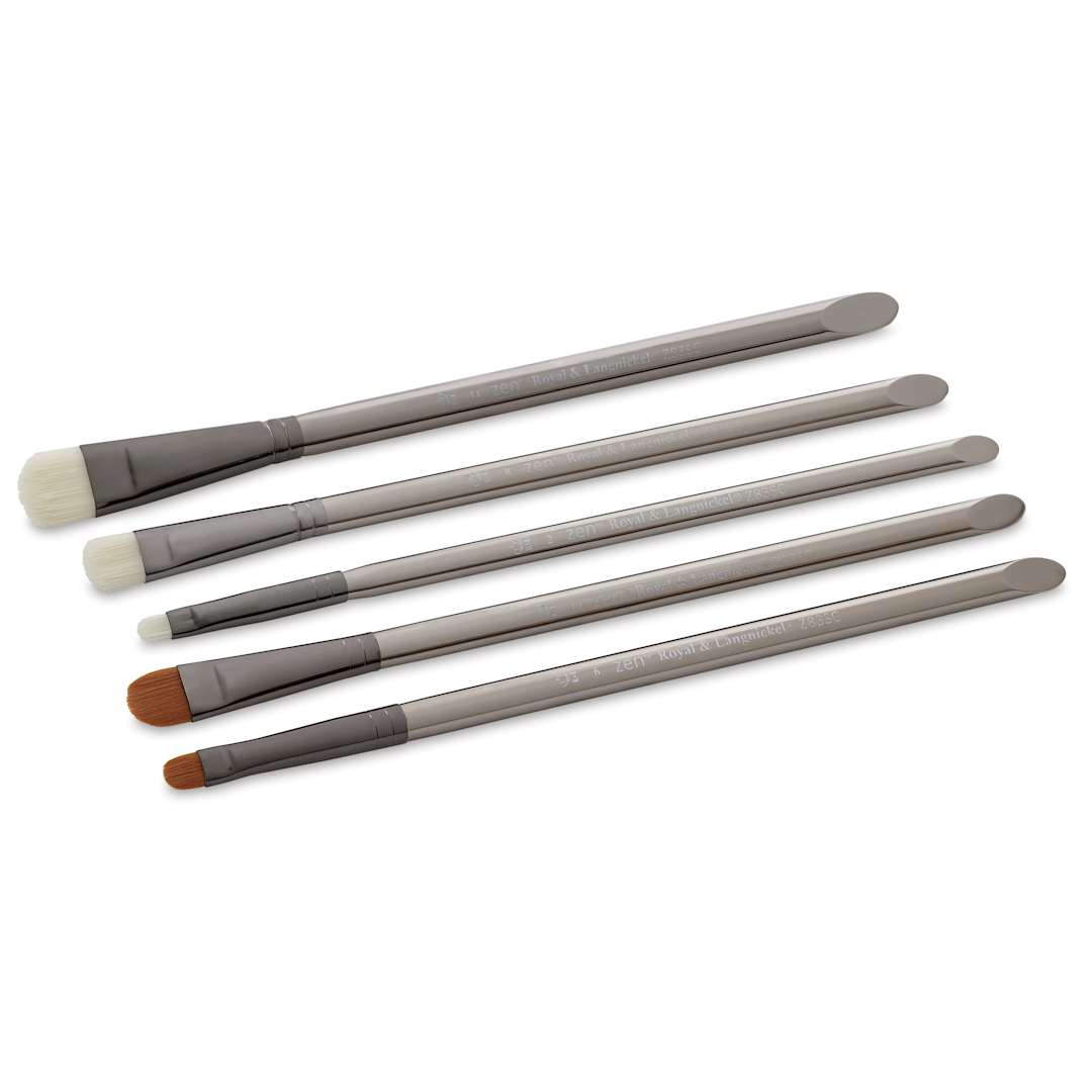 Open in modal - Royal & Langnickel Zen Watercolor Brushes - Scrubber, Short Handle, Set of 5, brushes laid out