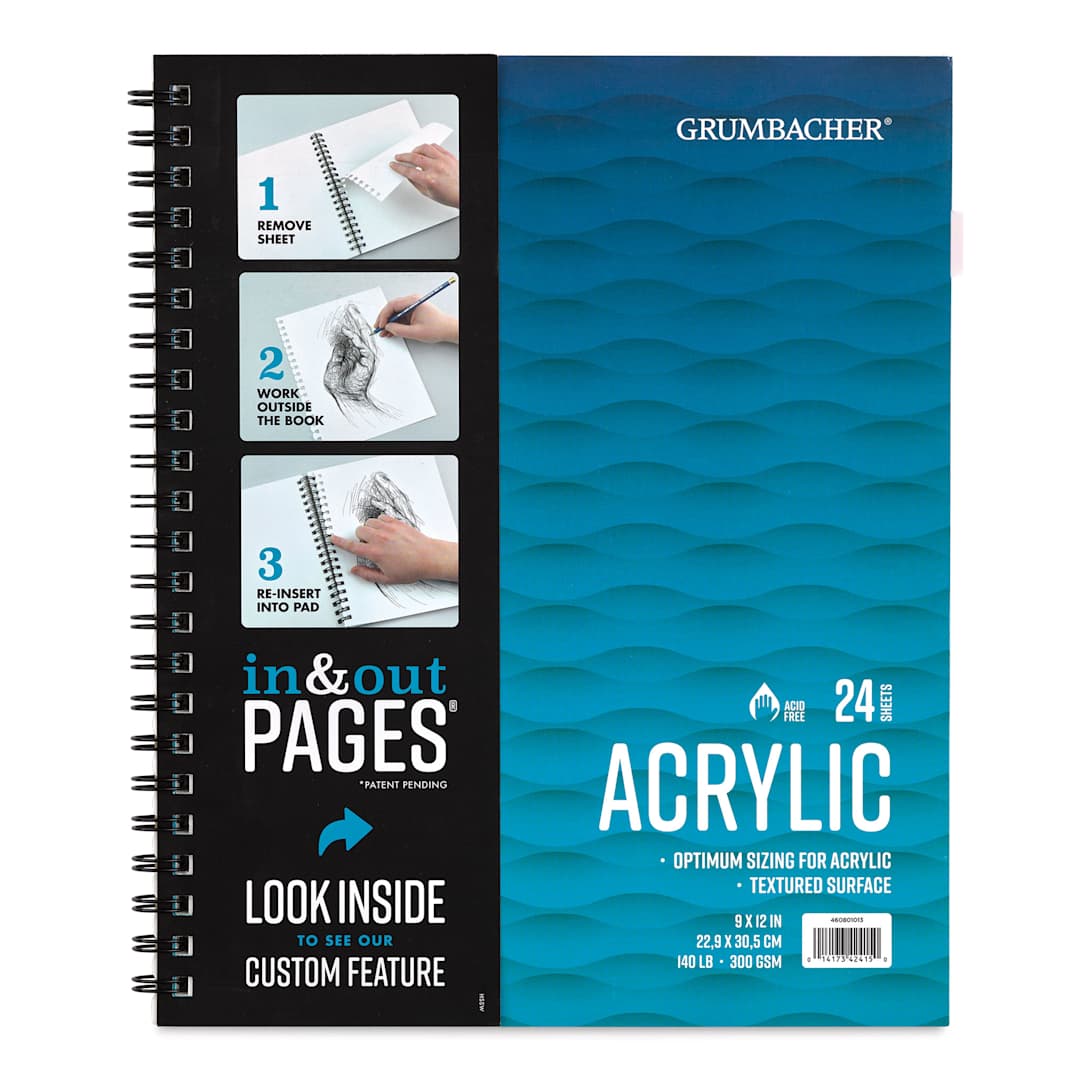 Open in modal - Grumbacher Acrylic In & Out Pad - 9" x 12", 24 sheets, 140 lb front of pad with info tag on in & out pages
