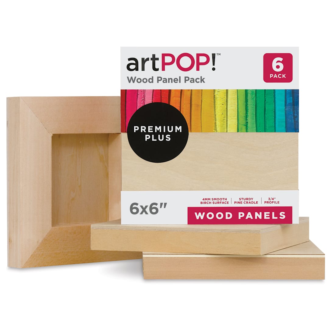 Open in modal - artPOP! Wood Panel Pack - 6" x 6", Pkg of 6 (In and out of packaging)