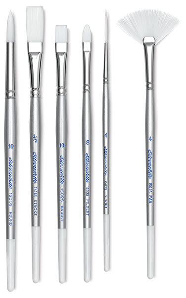 Open in modal - Silverwhite Soft Synthetic Brushes - Assorted styles of brushes upright
