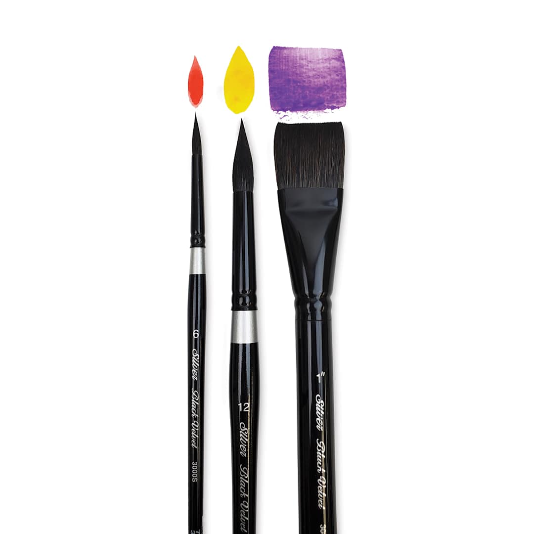 Open in modal - Silver Brush Black Velvet Watercolor Brush Set - Basics, Set of 3 (with example strokes)