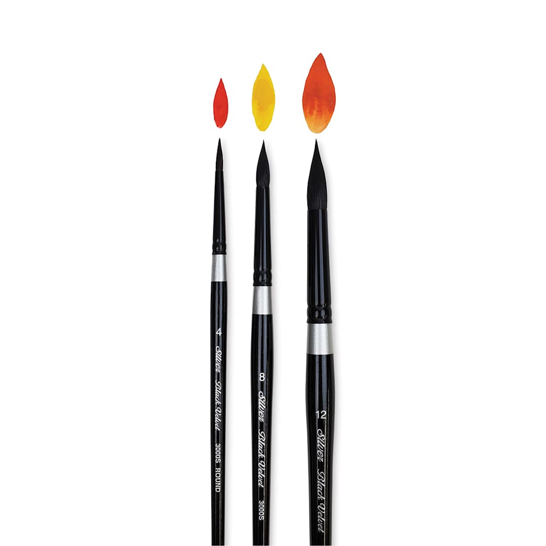 Open in modal - Silver Brush Black Velvet Watercolor Brush Set - Susan Louise Moyer Set, Set of 3 (with example strokes)