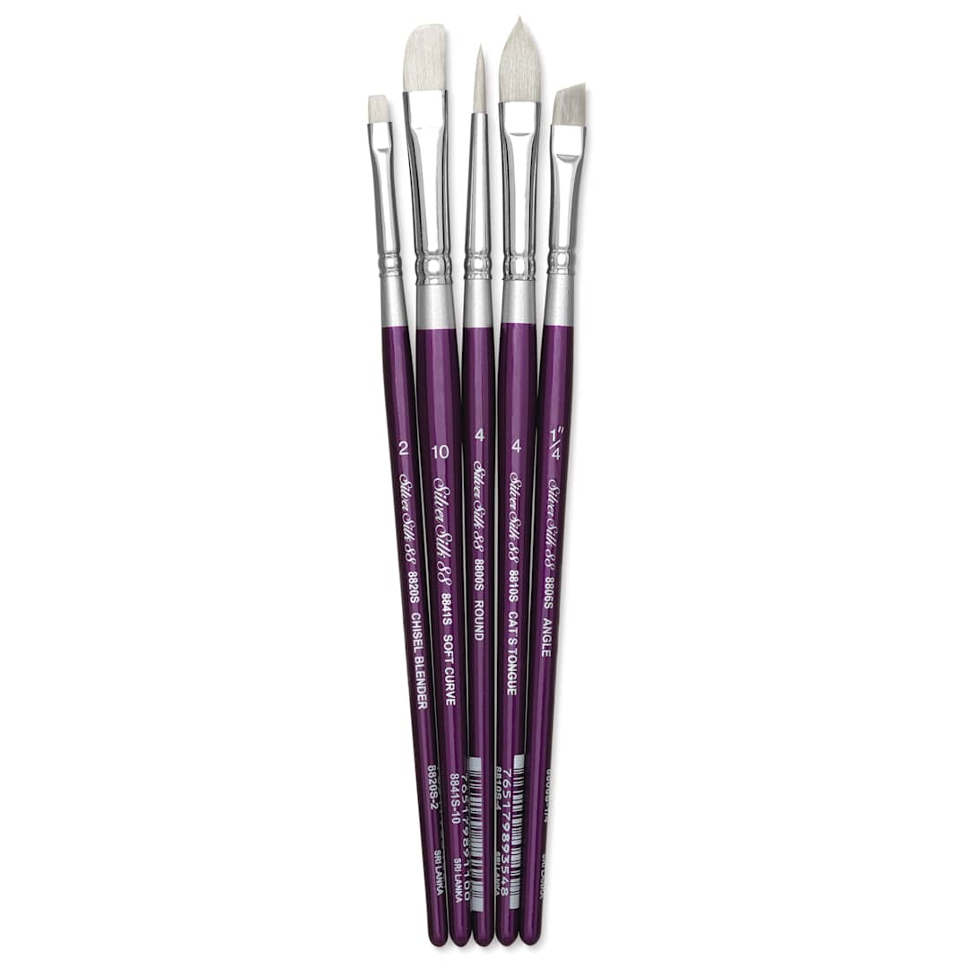 Open in modal - Silver Brush Silver Silk 88 Synthetic Brushes - Short Handle, Set of 5, brushes out of packaging