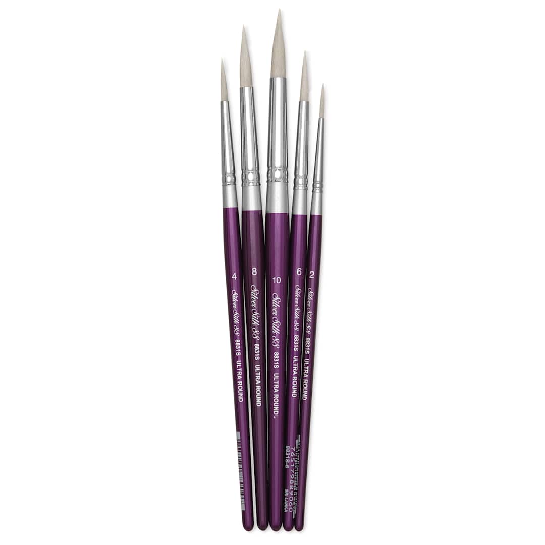 Open in modal - Silver Brush Silver Silk 88 Synthetic Brushes - Short Handle, Ultra Round, Set of 5, brushes laid out