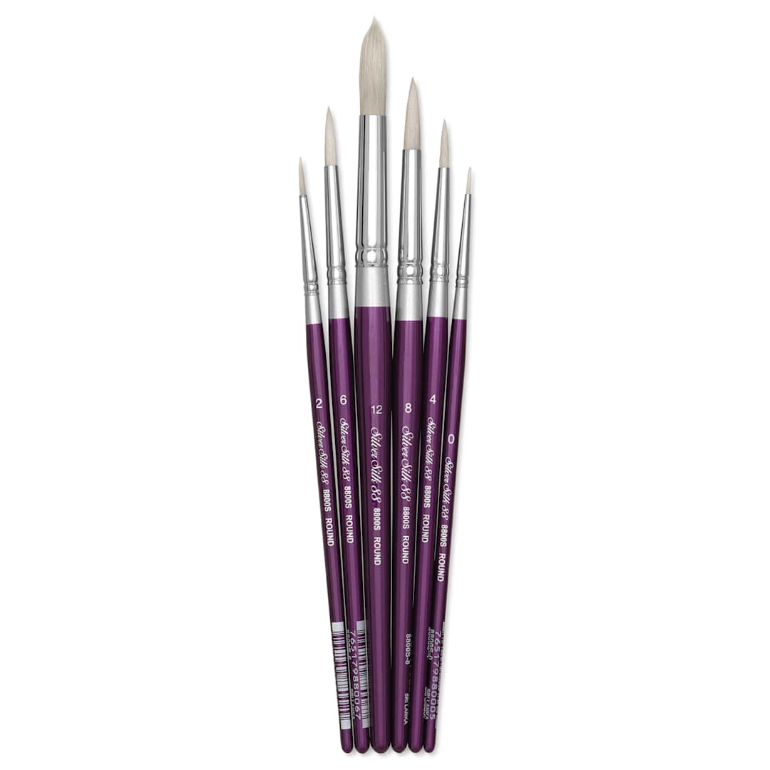 Open in modal - Silver Brush Silver Silk 88 Synthetic Brushes - Short Handle, Round, Set of 6, brushes laid out