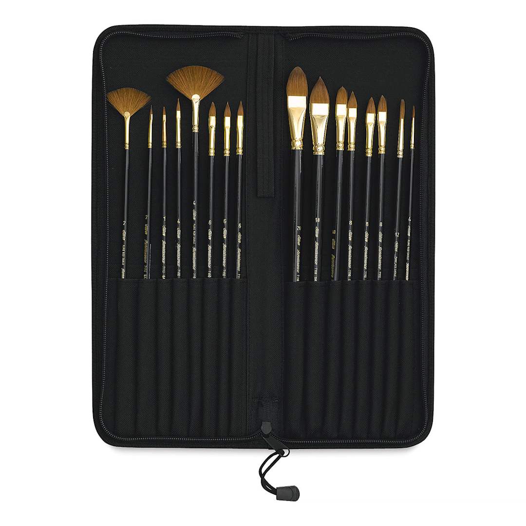Open in modal - Silver Brush Daniel Greene Detail Brush Set - Travel Case open showing all 16 brushes included
