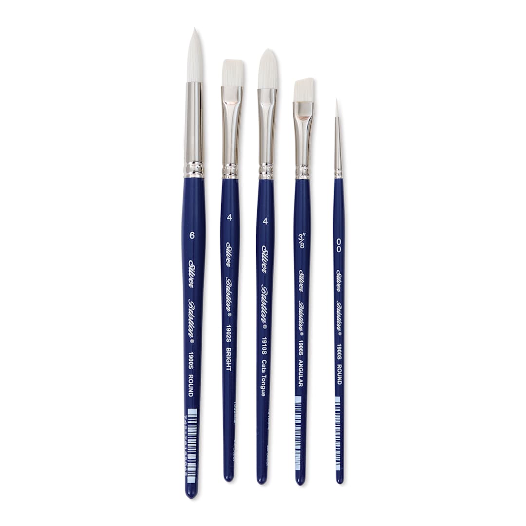 Open in modal - Silver Brush Bristlon Synthetic Bristle Brushes - BLICK Exclusive, Short Handle, Set of 5