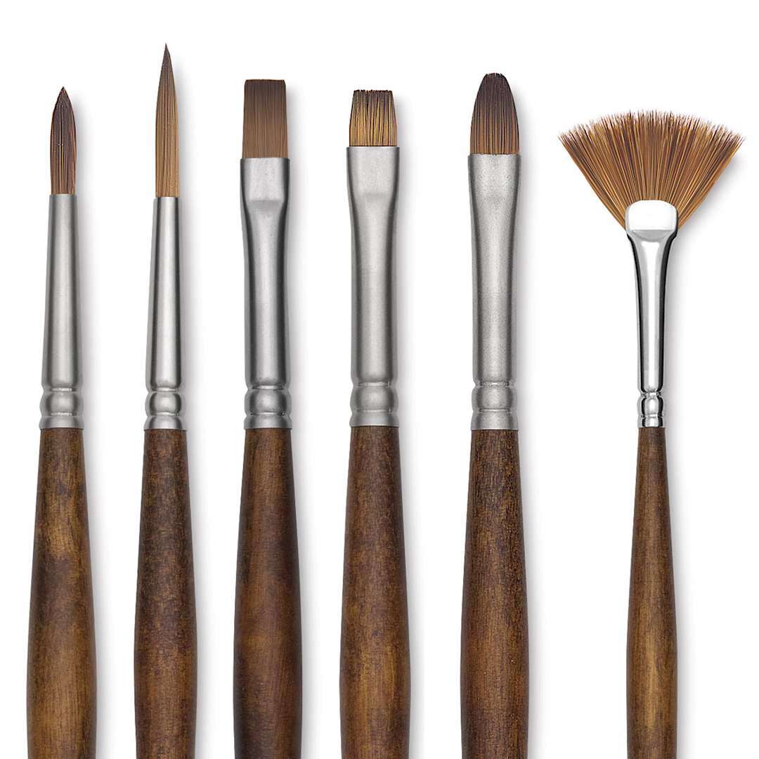 Open in modal - Raphaél Precision Brushes - Closeup of 6 different types of brushes shown 
