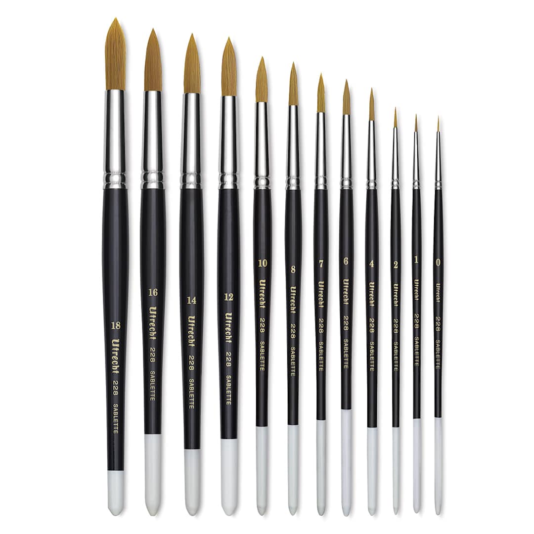 Open in modal - Utrecht Synthetic Sablette Brushes - Several sizes of Round brushes shown upright