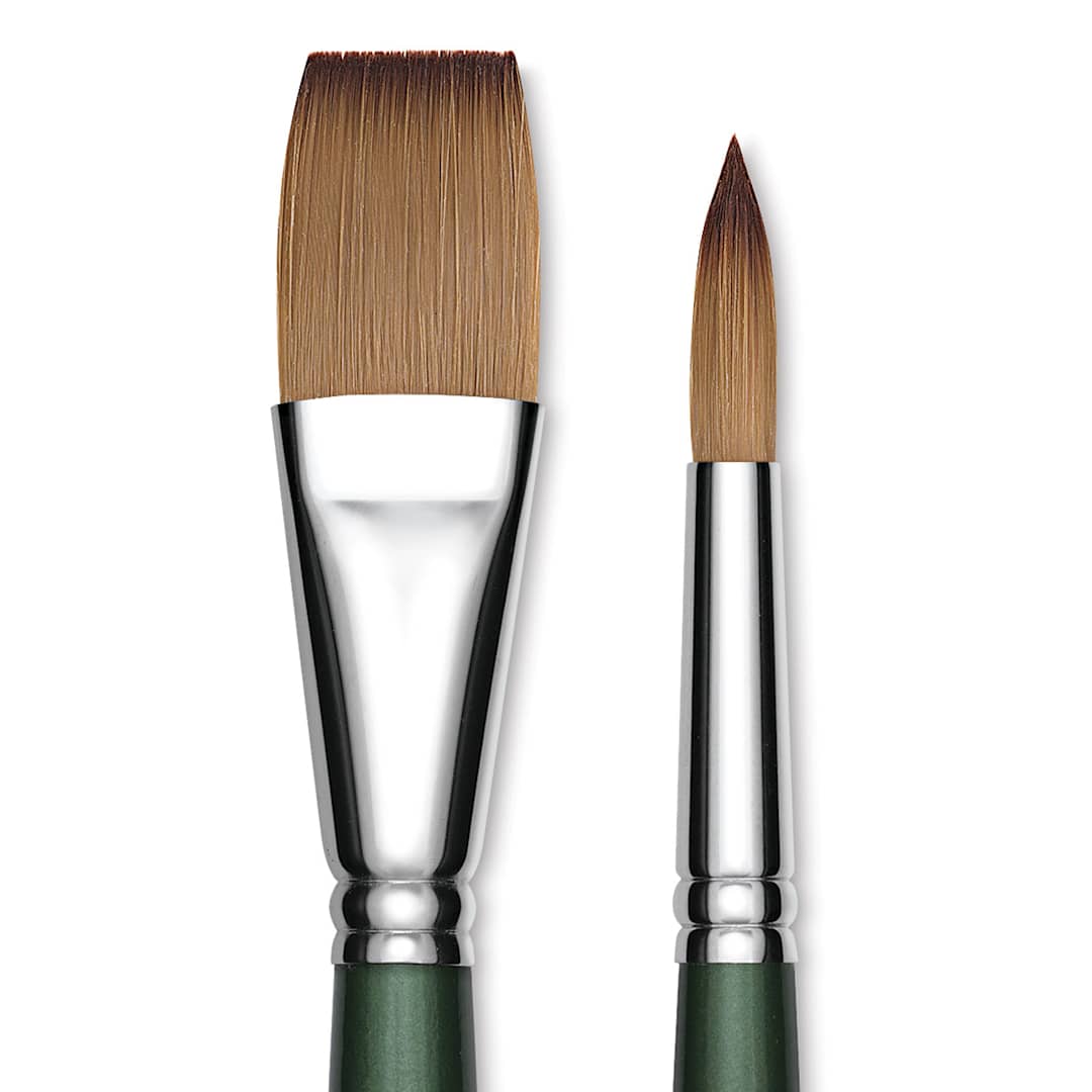 Open in modal - Utrecht Series 6150 Synthetic Golden Taklon Watercolor Brushes - Closeup of Flat and Round brushes