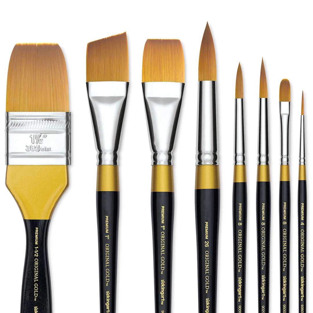 Open in modal - Kingart Original Gold Brushes -Close-up of Tips of various style Brushes