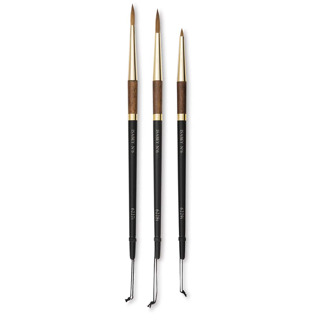 Open in modal - Isabey Pure Kolinsky Sable Round Brushes - 3 Brushes shown upright
