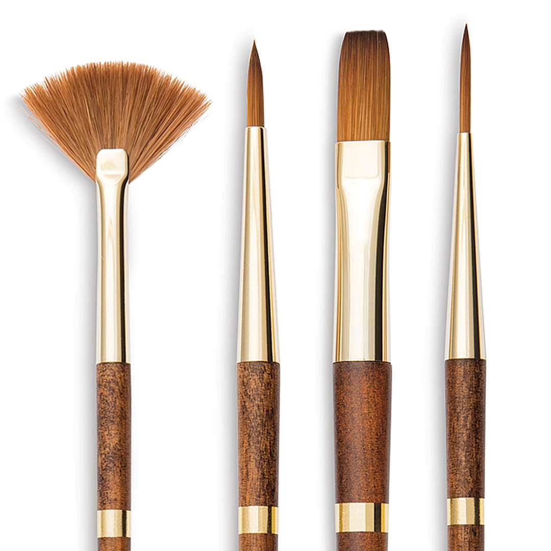 Open in modal - Isabey Vintage Isaqua Synthetic Brushes - Closeup of 4 Types of Brushes

