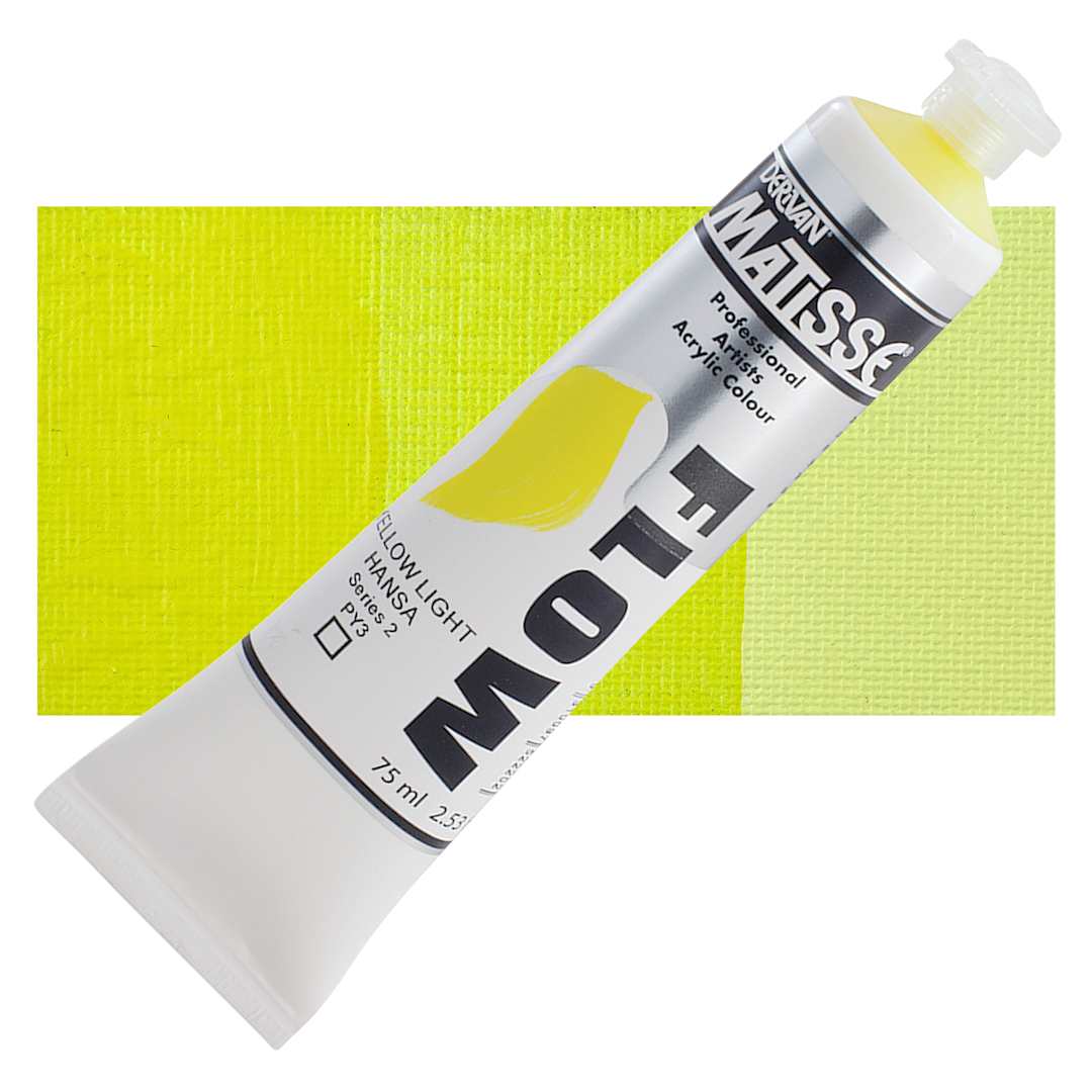 Open in modal - Matisse Flow Acrylic Paint - Yellow Light Hansa, 75 ml tube and swatch
