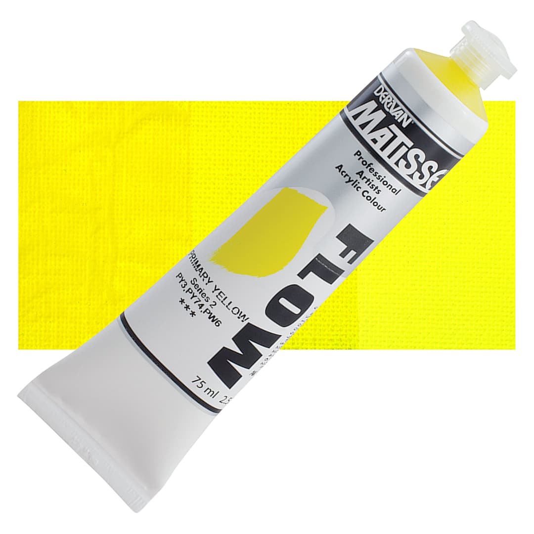 Open in modal - Matisse Flow Acrylic Paint - Primary Yellow, 75 ml tube and swatch