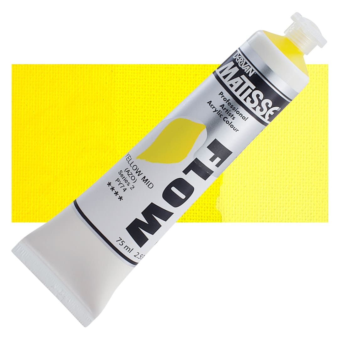 Open in modal - Matisse Flow Acrylic Paint - Yellow Mid Azo, 75 ml tube and swatch