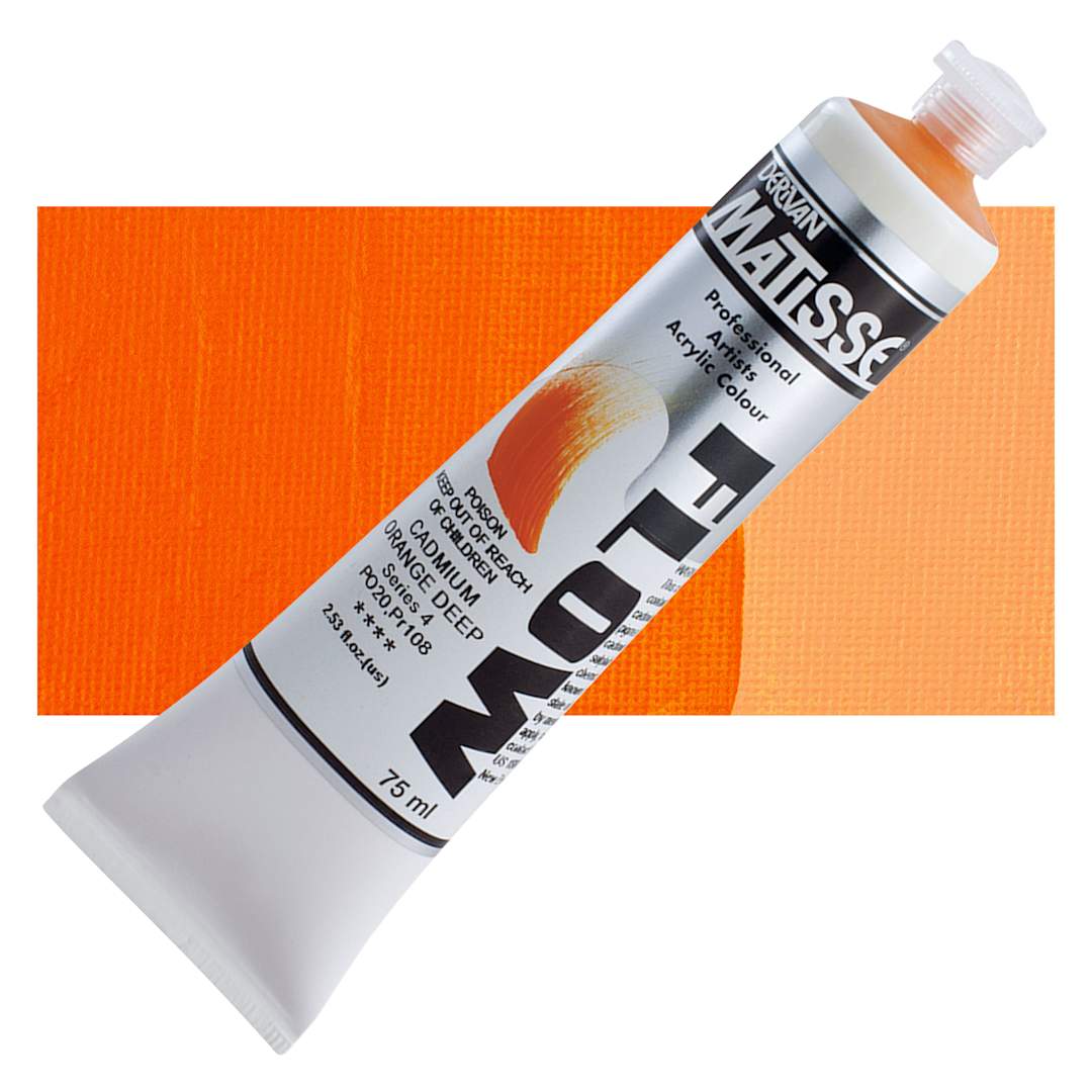 Open in modal - Matisse Flow Acrylic Paint - Cadmium Orange Deep, 75 ml tube and swatch