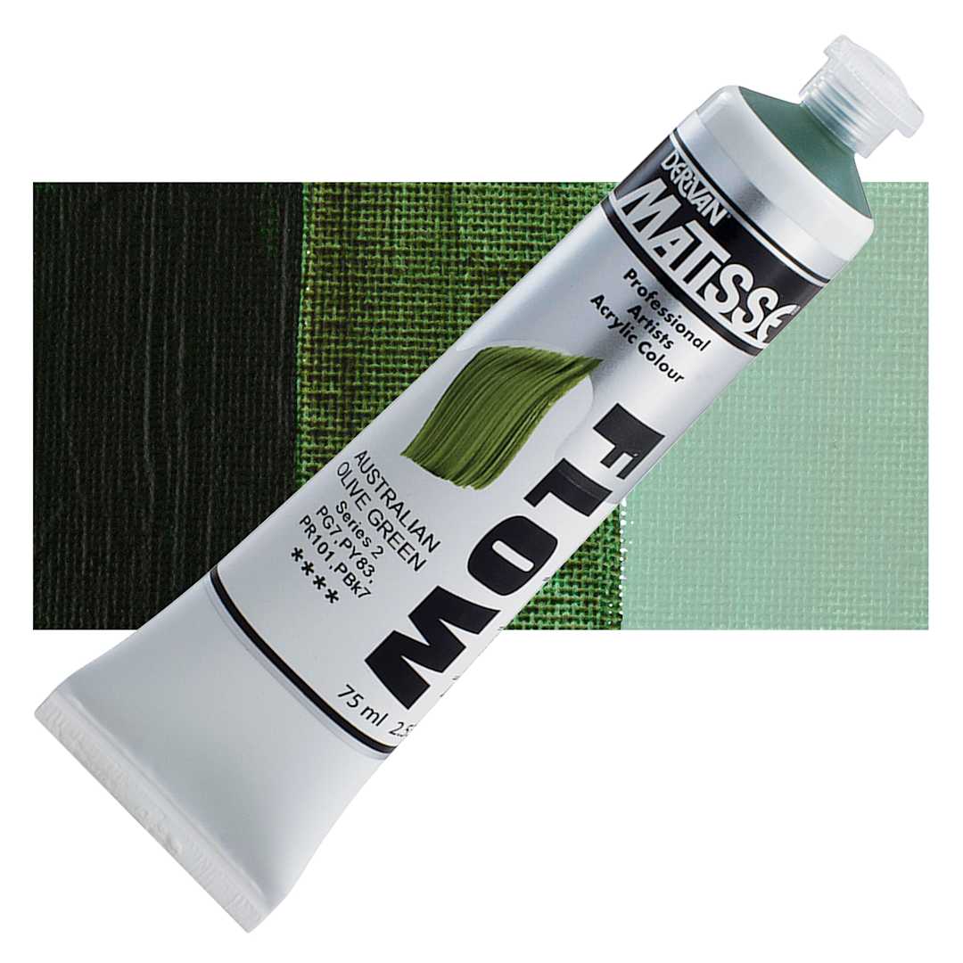 Open in modal - Matisse Flow Acrylic Paint - Australian Olive Green, 75 ml tube and swatch