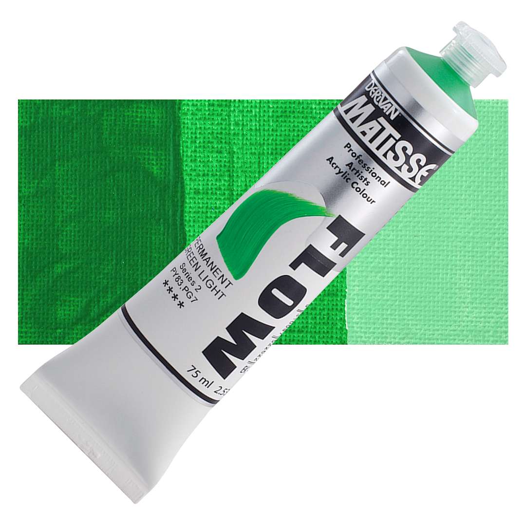 Open in modal - Matisse Flow Acrylic Paint - Permanent Green Light, 75 ml tube and swatch